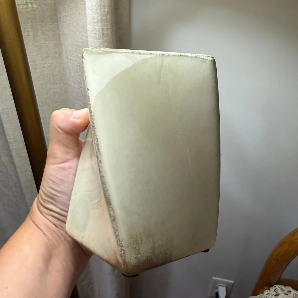 Modern Asymmetric Ceramic Vase Ivory Bronze Drip Glaze Geometric Wedge Decor